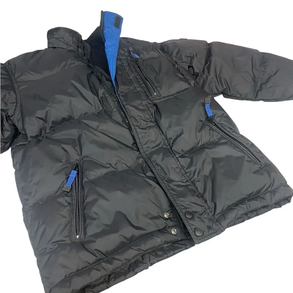 Black Puffer Jacket with Blue Accents